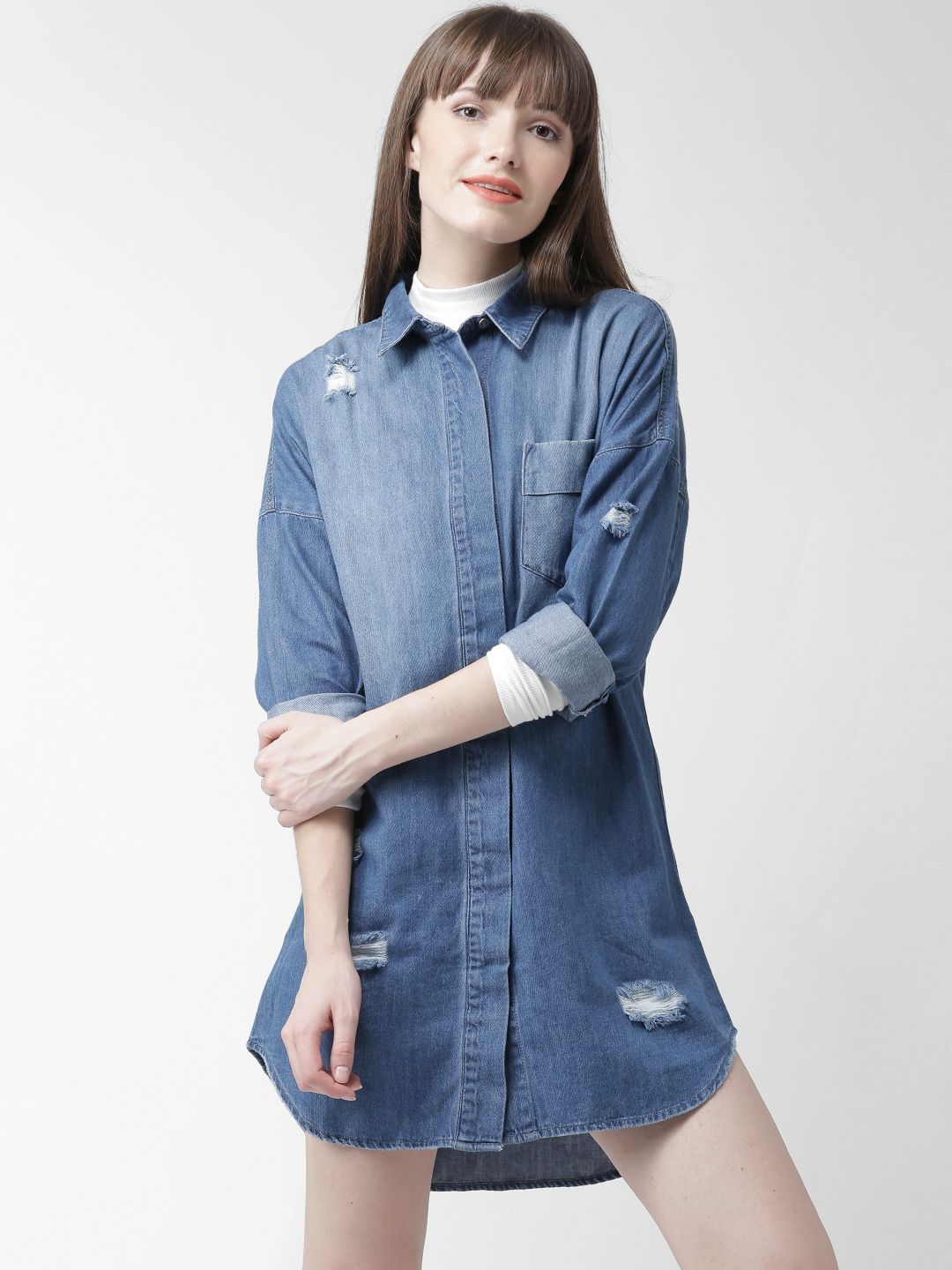 Buy FOREVER 21 Blue Washed Distressed Denim Shirt Dress - Dresses for Women  1149506 | Myntra