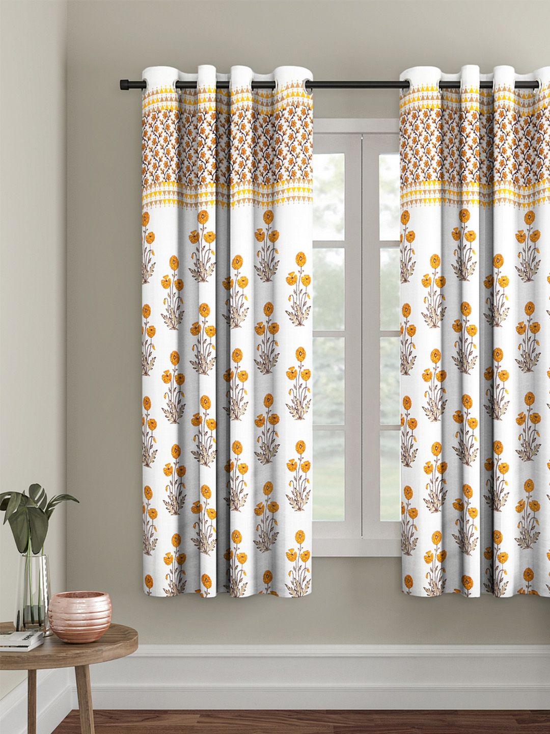 Rajasthan Decor White & Orange Printed Window Curtain Price in India