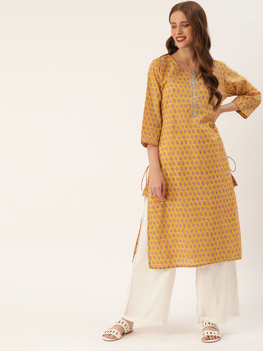 Soch Women Mustard Yellow & Grey Printed Straight Kurta with Tie-Ups