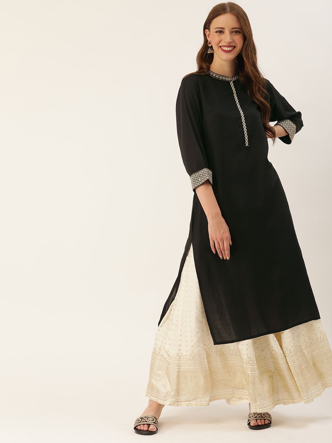 Soch Women Black Solid Straight Kurta with Zari Work