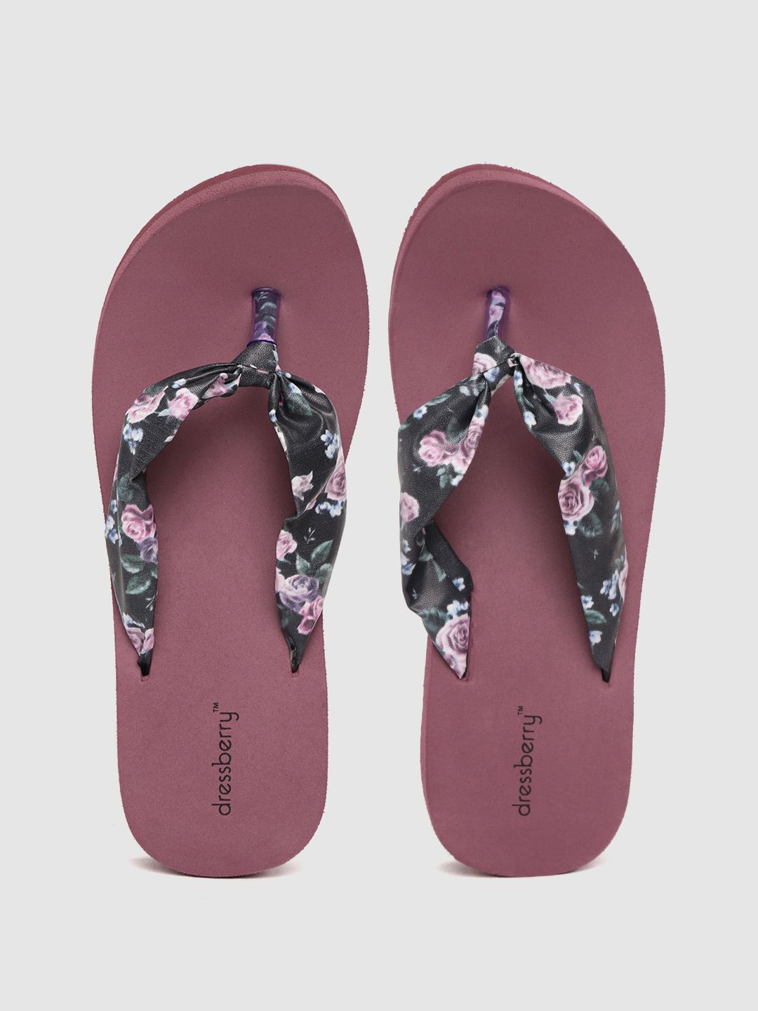 DressBerry Women Black & Pink Floral Printed Thong Flip-Flops Price in India