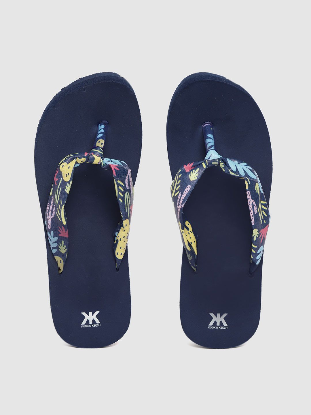 Kook N Keech Women Navy Mustard Yellow Printed Thong Flip Flops