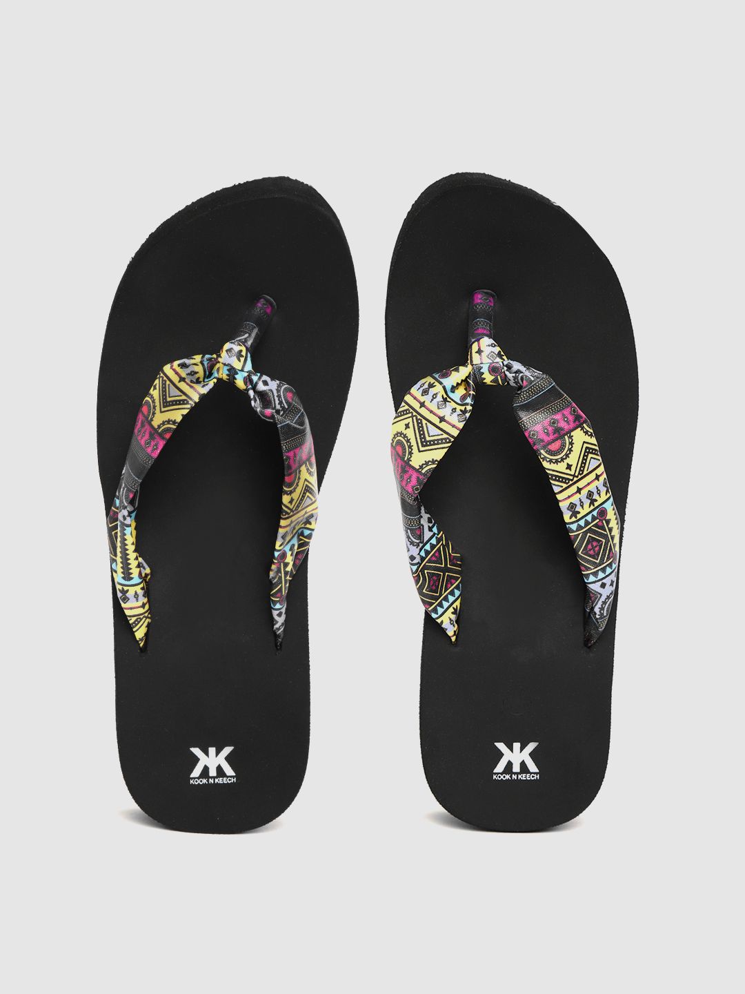 Kook N Keech Women Yellow & Black Printed Thong Flip-Flops Price in India