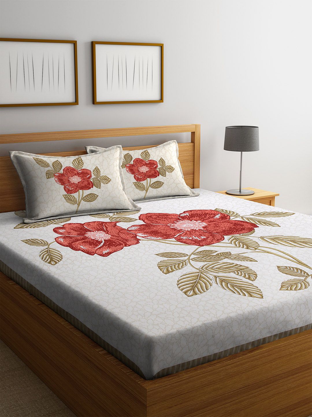 Rajasthan Decor Cream-Coloured & Orange Floral 144 TC Cotton 1 King Bedsheet with 2 Pillow Covers Price in India