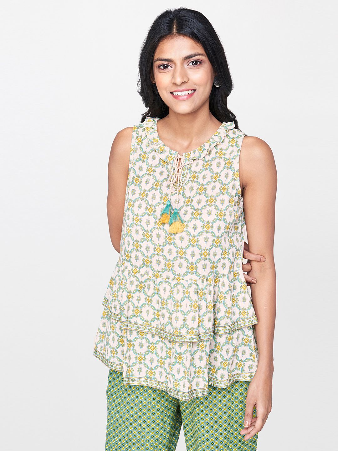 Global Desi Women Off-White & Green Printed Pure Cotton Top