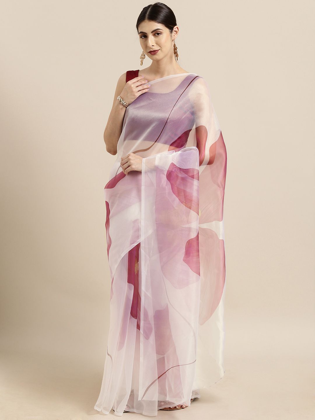 Tikhi Imli White & Pink Organza Printed Saree Price in India