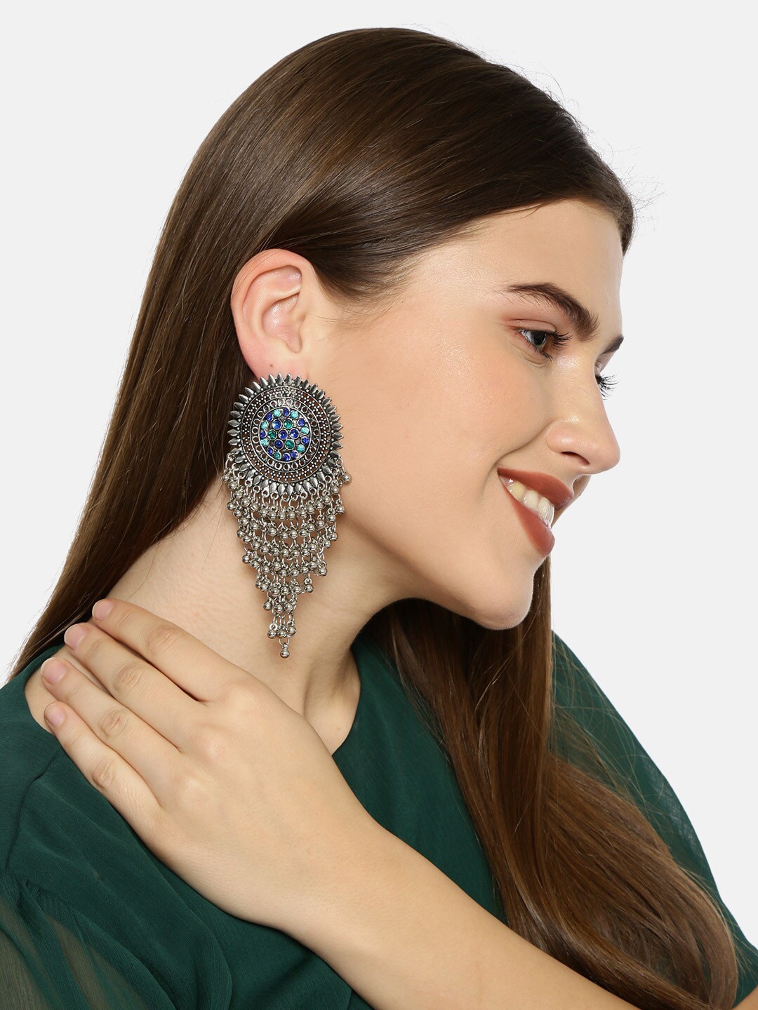 Fida Silver-Toned & Blue Classic Drop Earrings Price in India
