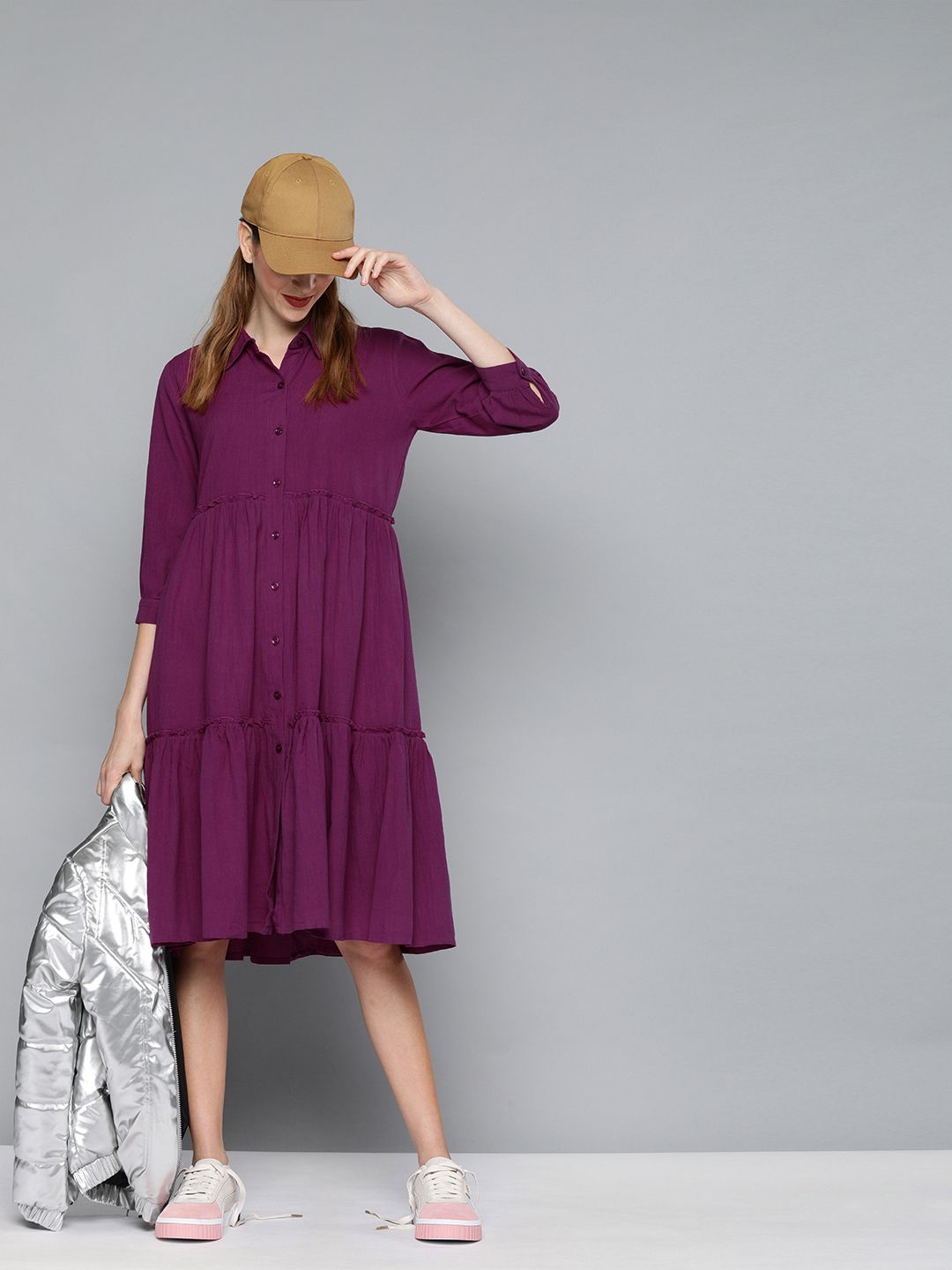 SASSAFRAS Women Purple Solid Tiered A-Line Dress