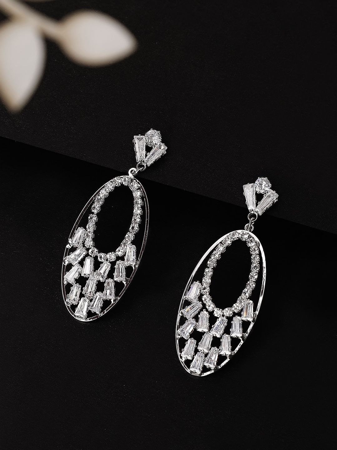 Rubans Silver-Plated & White American Diamond Classic Drop Earrings Price in India