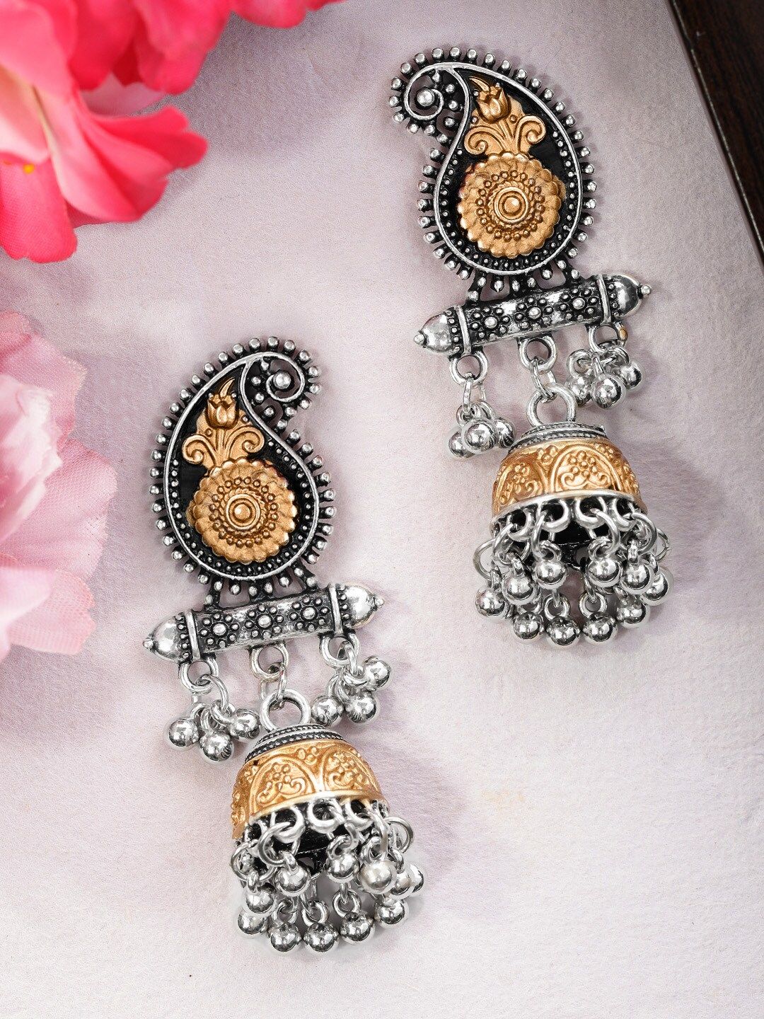 Rubans Silver-Plated & Gold-Toned Classic Jhumkas Price in India