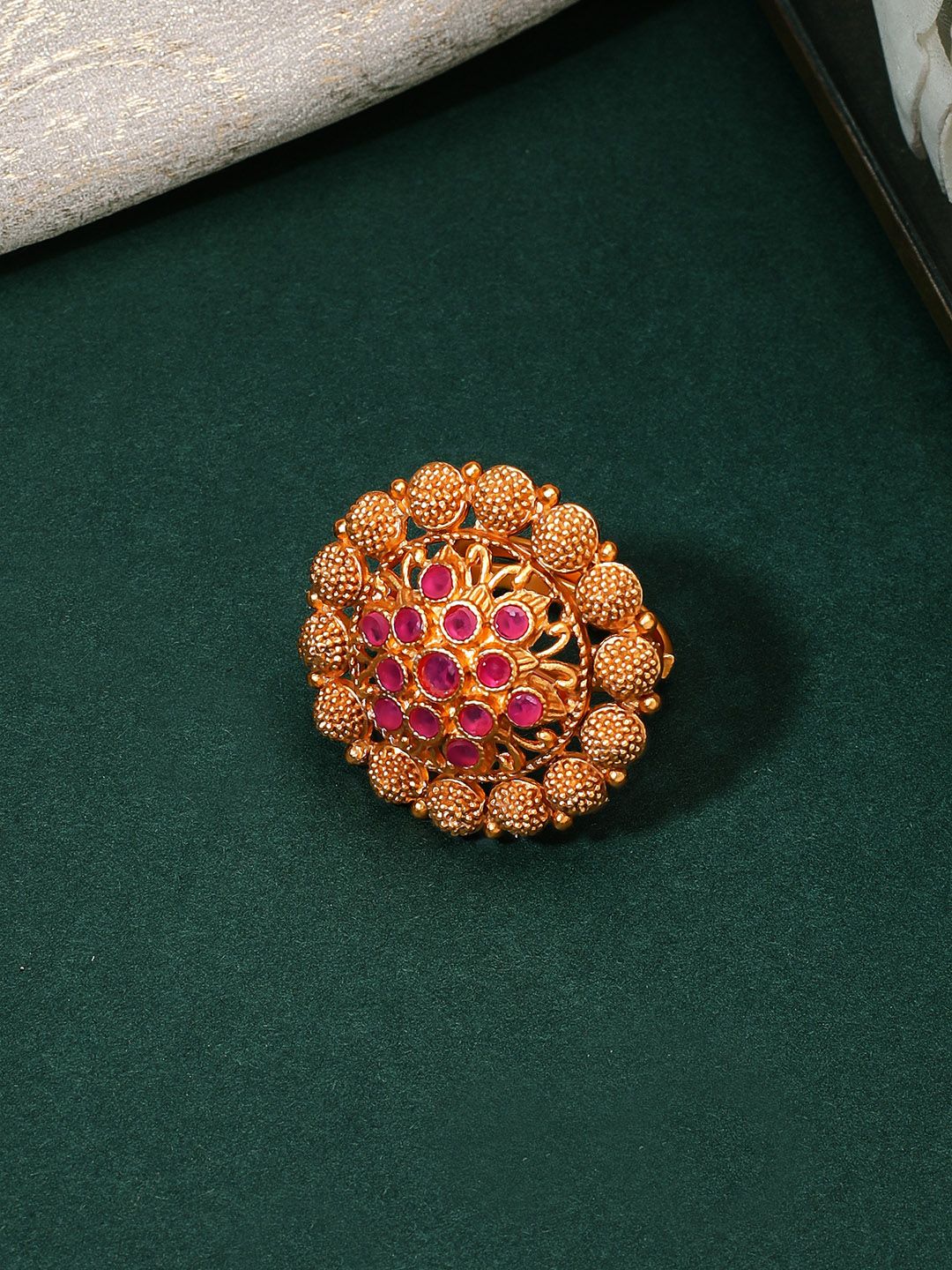 Rubans Gold-Plated & Pink Stone-Studded Handcrafted Adjustable Statement Finger Ring Price in India