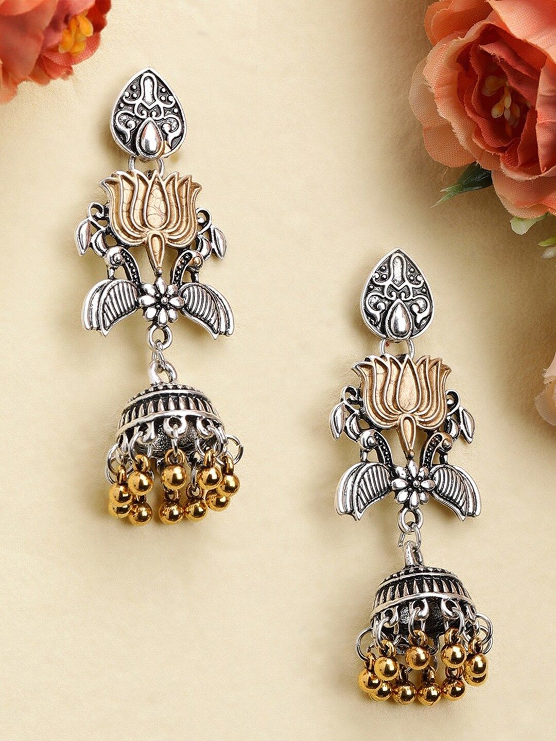 Rubans Silver-Plated & Gold-Toned Classic Jhumkas Price in India