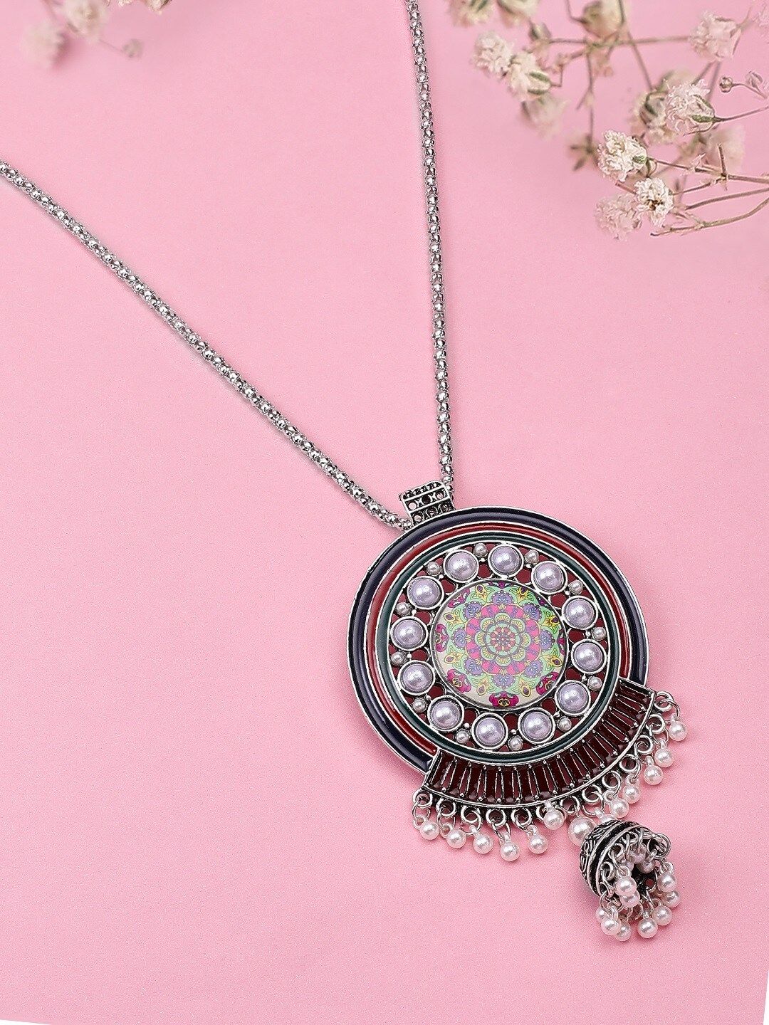 Rubans Silver Plated Oxidised Handcrafted Enamel Necklace Price in India