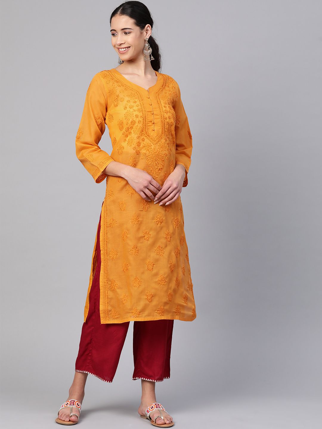 ADA Women Mustard Yellow Chikankari Embroidered Straight Sustainable Kurta Price in India