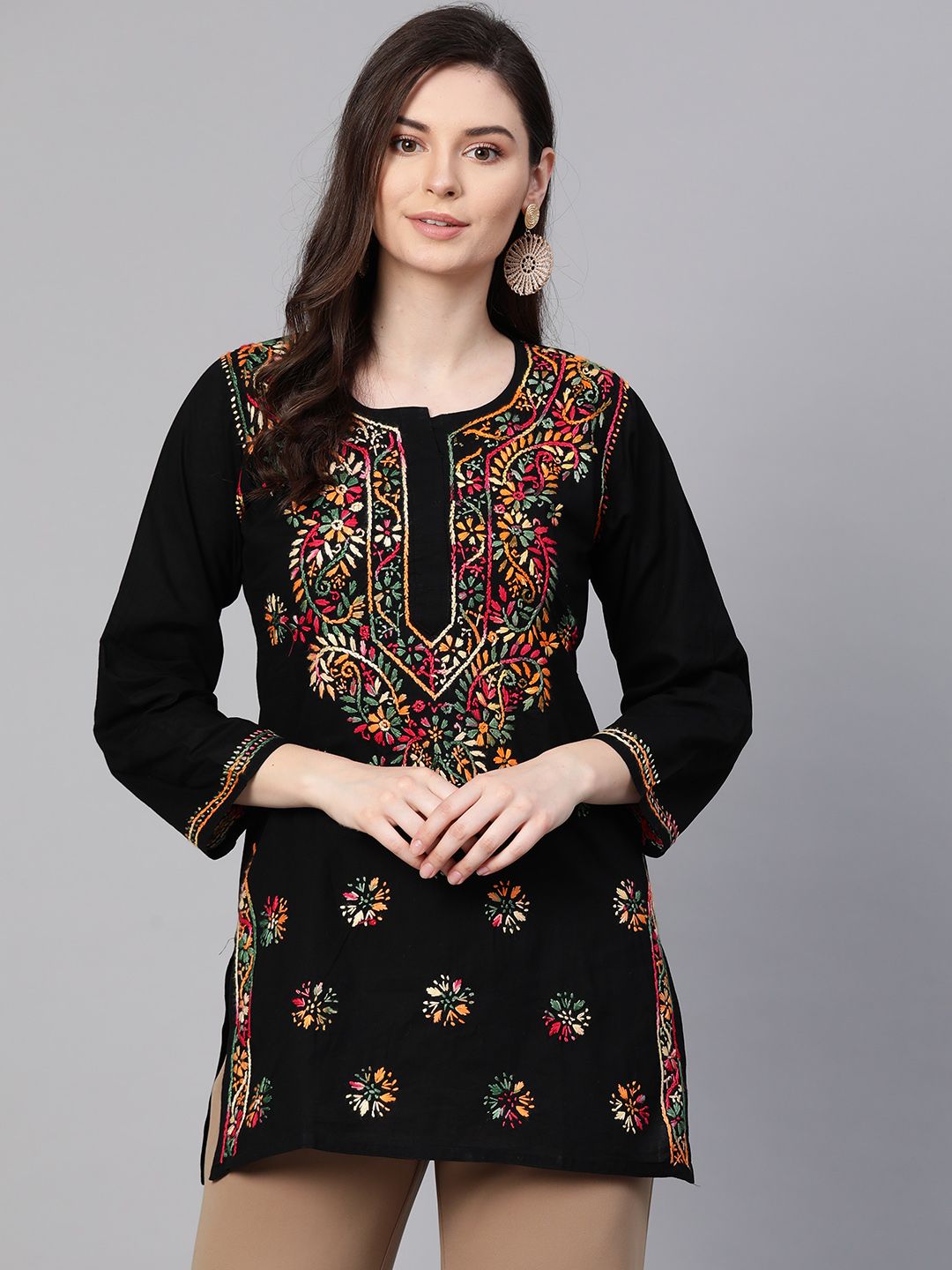ADA Women Black & Pink Chikankari Hand Embroidered Pure Cotton Straight Sustainable Sustainable Kurti