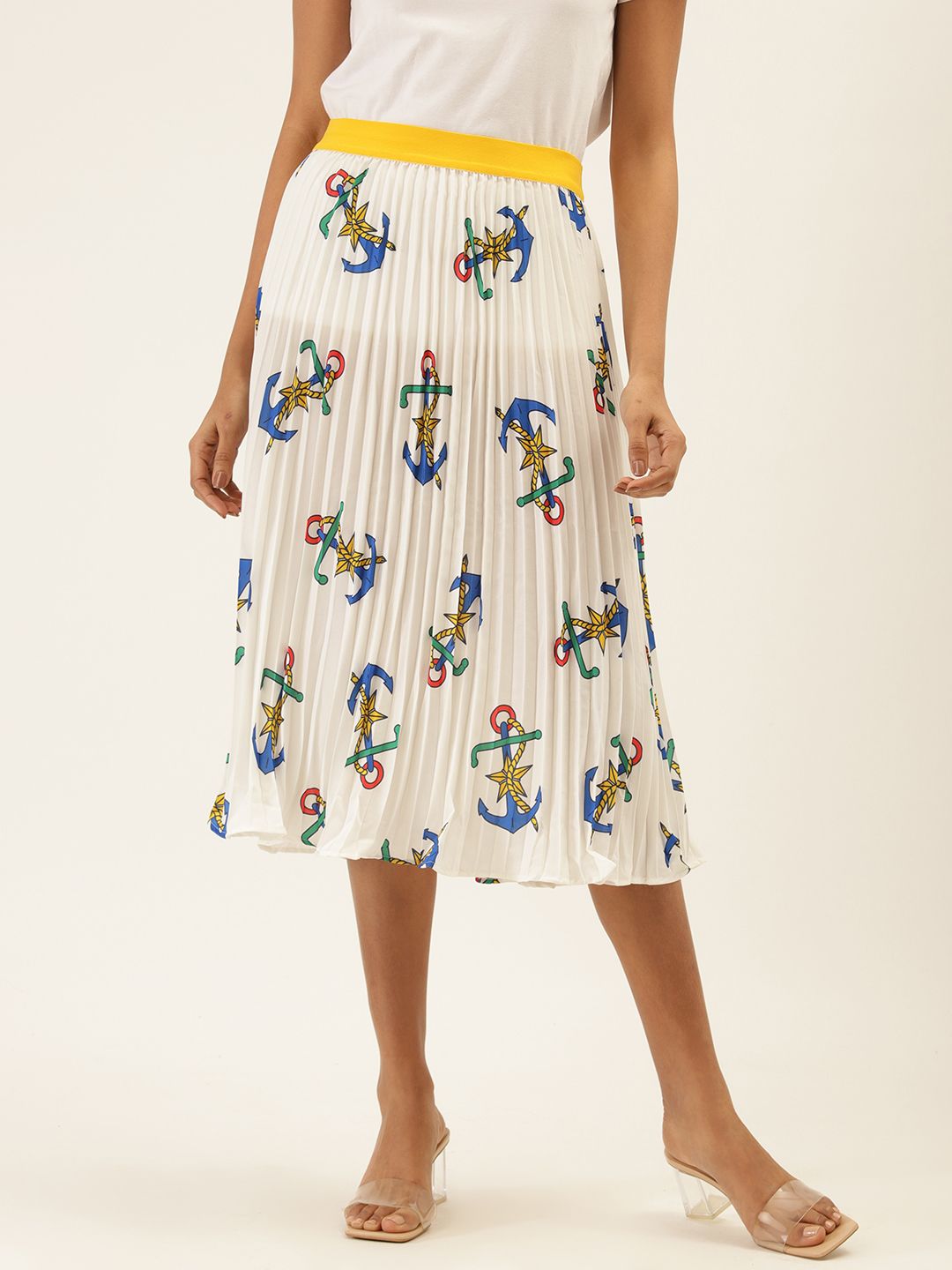 United Colors of Benetton Women White & Yellow Printed Accordion Pleated A-Line Skirt