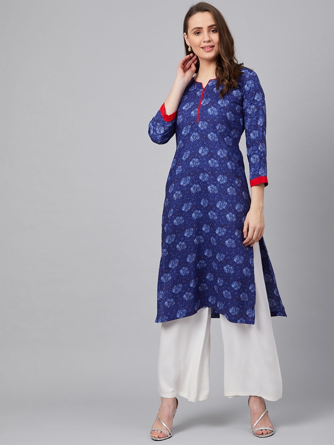 Wabii Women Blue Printed Straight Kurta Price in India