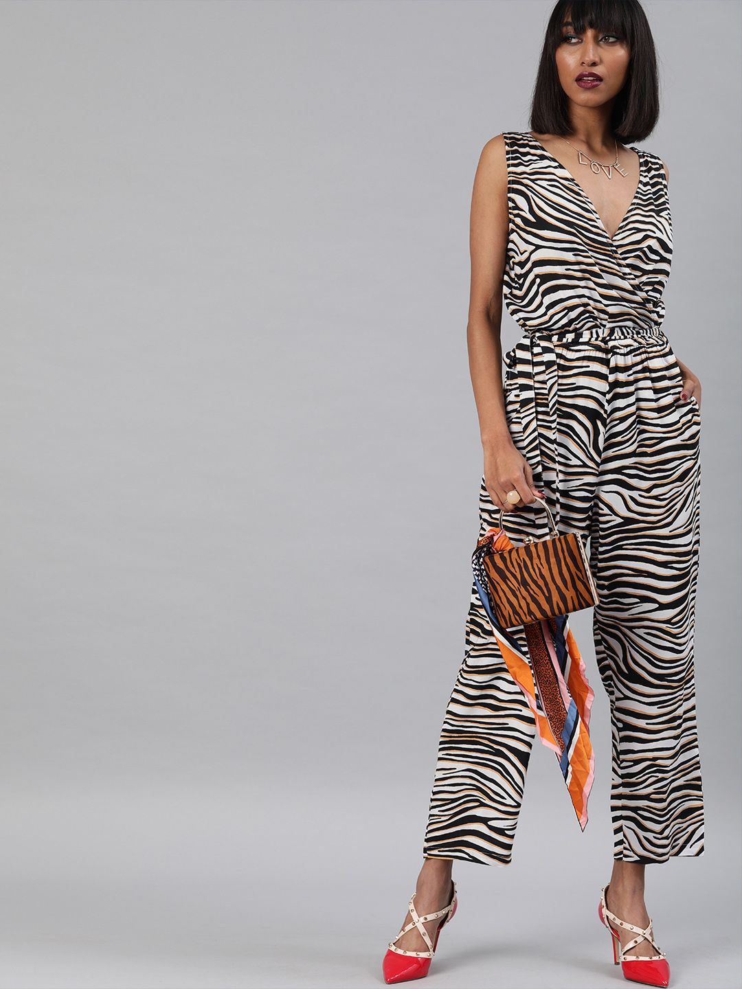 Sera Women White & Mustard Yellow Zebra Print Wrap Front Basic  Jumpsuit Price in India