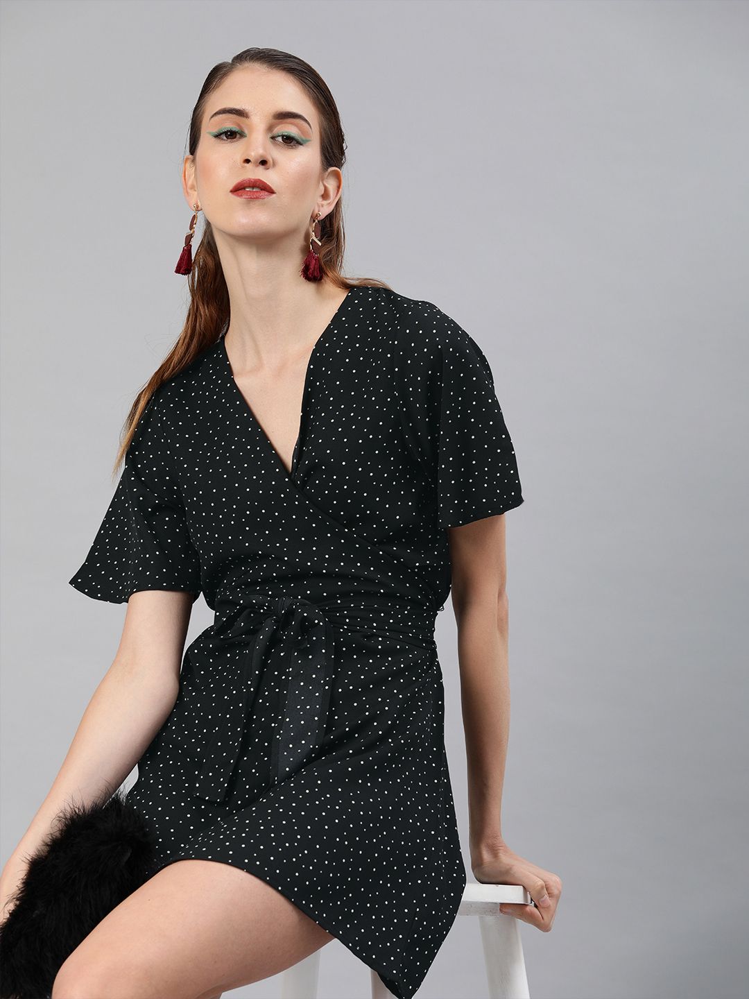 Sera Black Ditsy Print Front Knot Tie-Up Wrap Dress Price in India