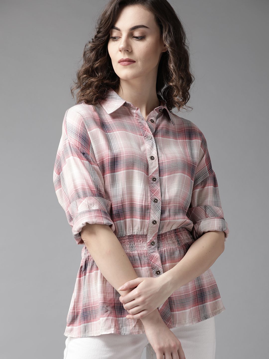 Roadster Women Pink & Off-White Smocked Checked Casual Sustainable Shirt