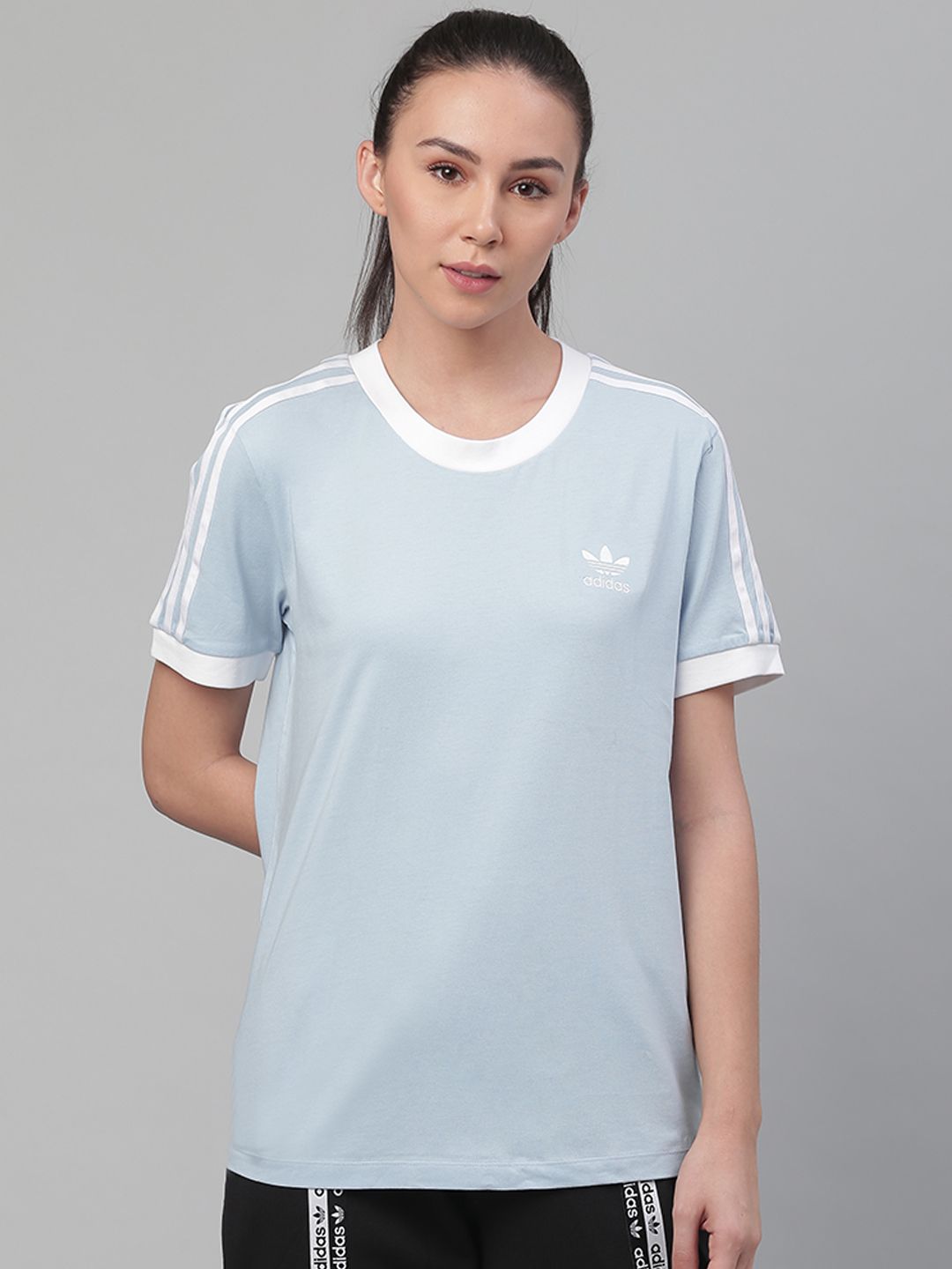 ADIDAS Originals Women Blue Solid 3-Stripe T-shirt