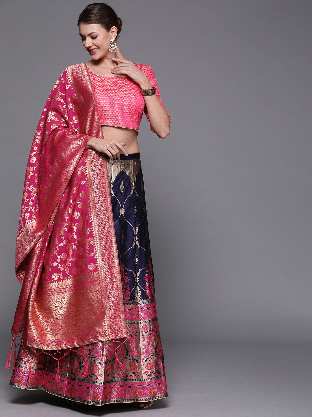 Mitera Navy Blue & Pink Woven Design Semi-Stitched Lehenga & Unstitched Blouse with Dupatta Price in India