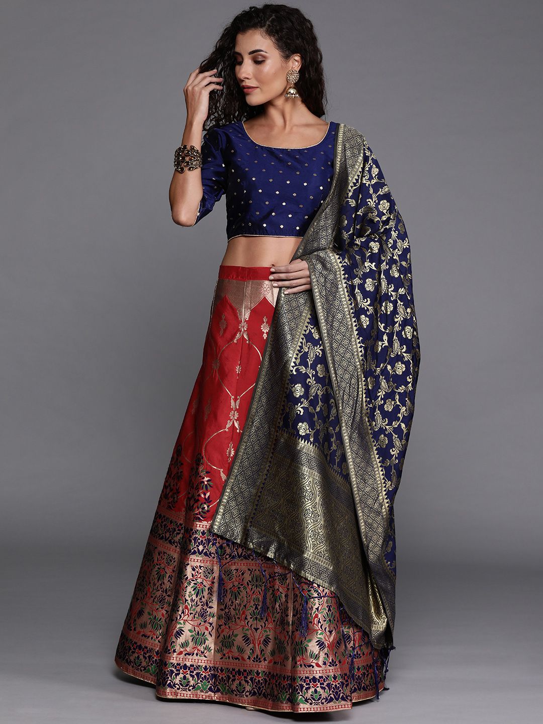 Mitera Red & Navy Blue Woven Design Semi-Stitched Lehenga & Unstitched Blouse with Dupatta