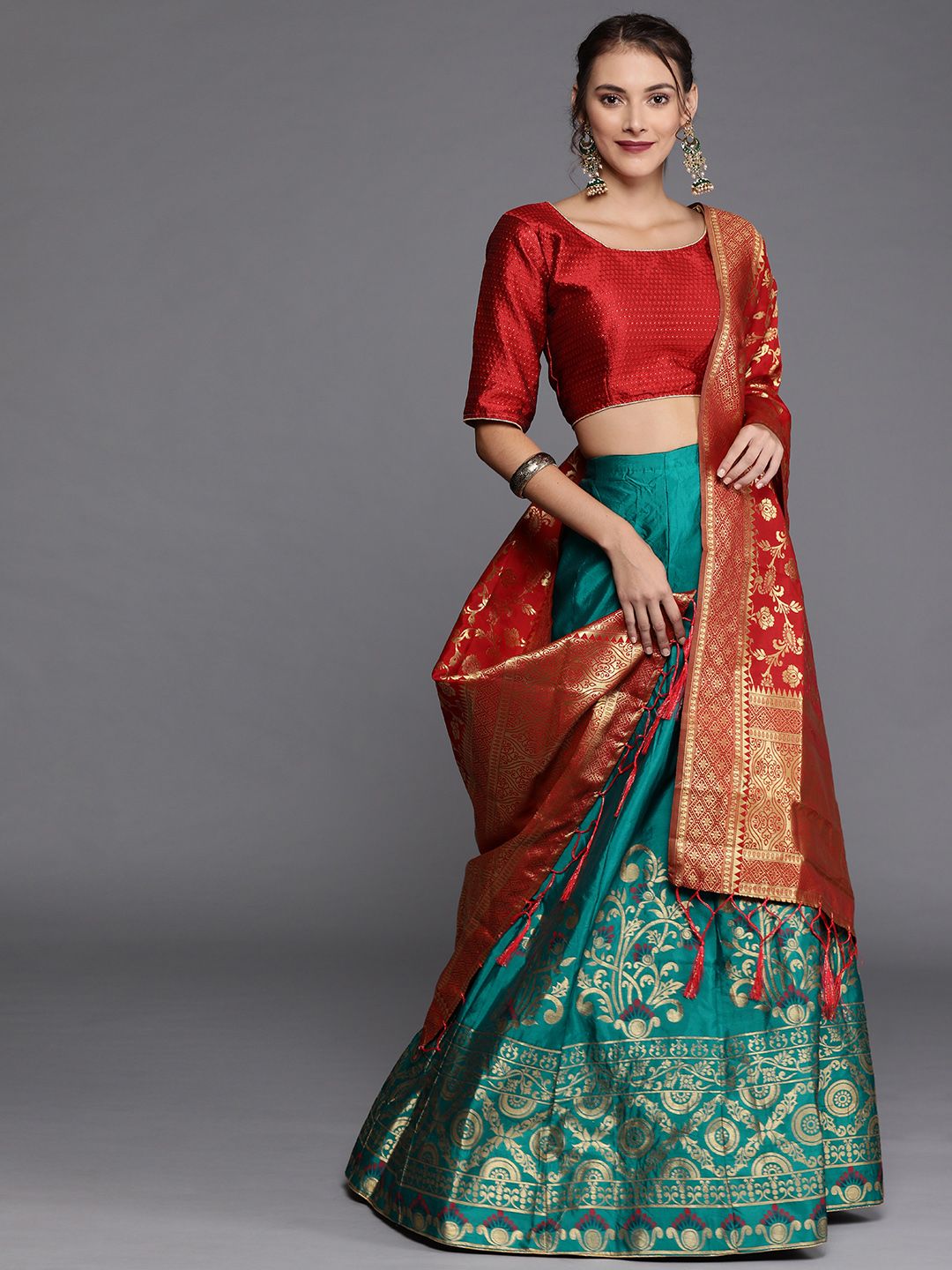 Mitera Green & Red Woven Design Semi-Stitched Lehenga & Unstitched Blouse with Dupatta Price in India