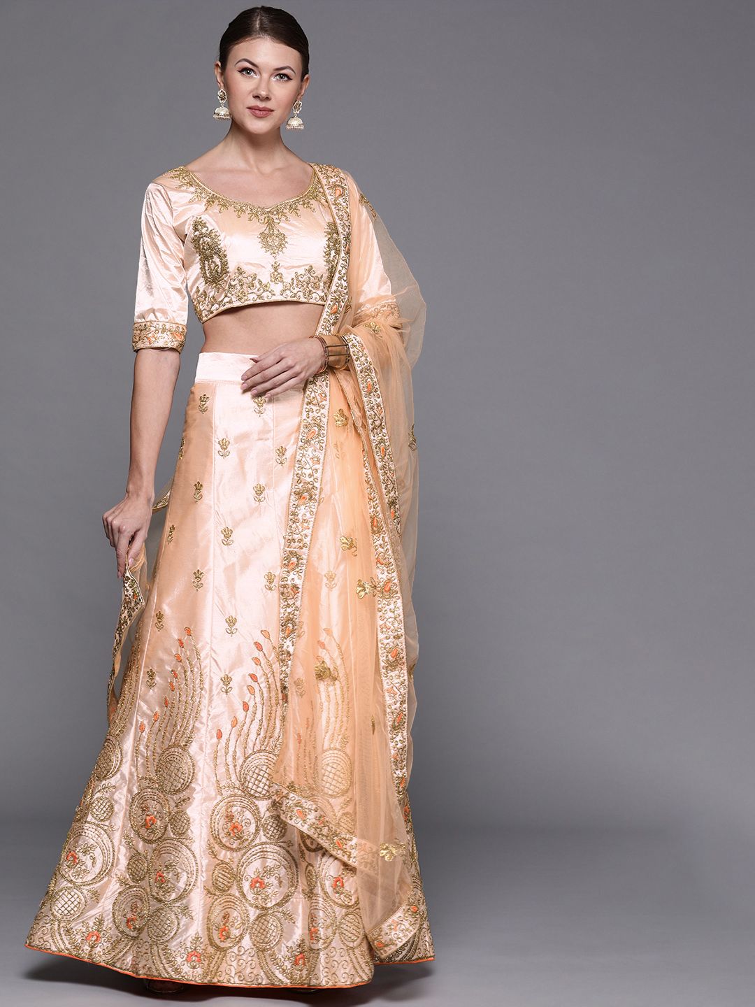 Mitera Peach-Coloured & Gold-Toned Embroidered Semi-Stitched Lehenga & Unstitched Blouse with Dupatta Price in India