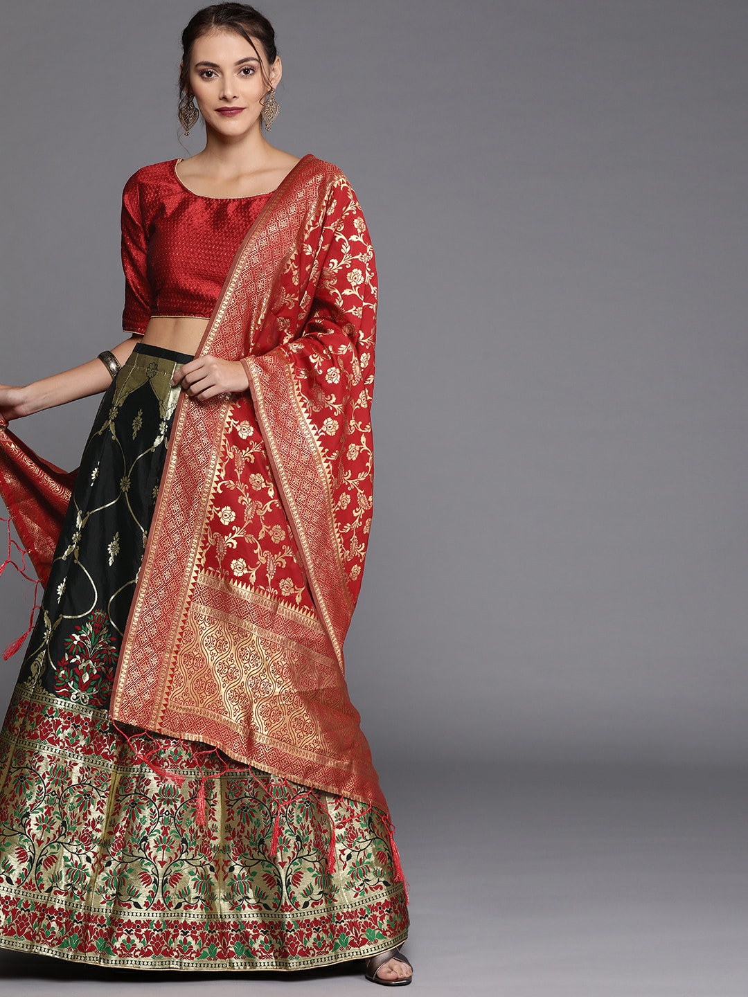 Mitera Black & Red Woven Design Semi-Stitched Lehenga & Unstitched Blouse with Dupatta Price in India