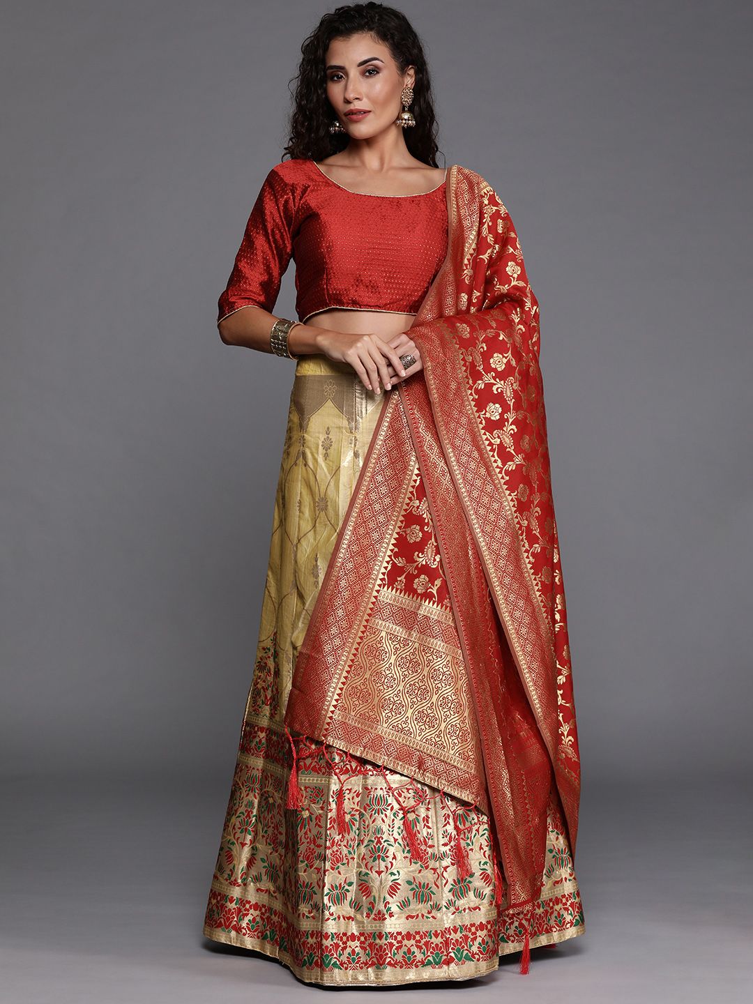 Mitera Beige & Gold-Toned Woven Design Semi-Stitched Lehenga Choli Price in India