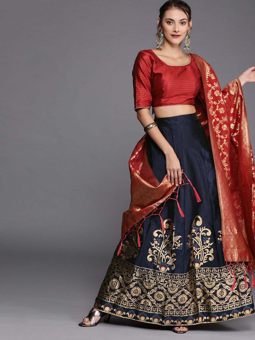 Mitera Navy Blue & Red Woven Design Semi-Stitched Lehenga & Unstitched Blouse with Dupatta Price in India