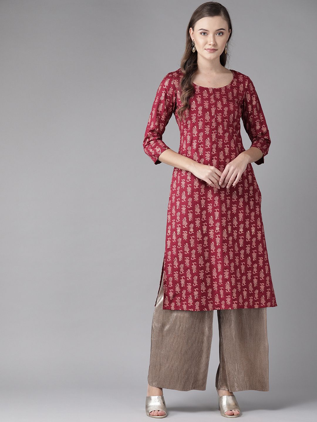 anayna Women Maroon & Golden Printed Straight Kurta Price in India