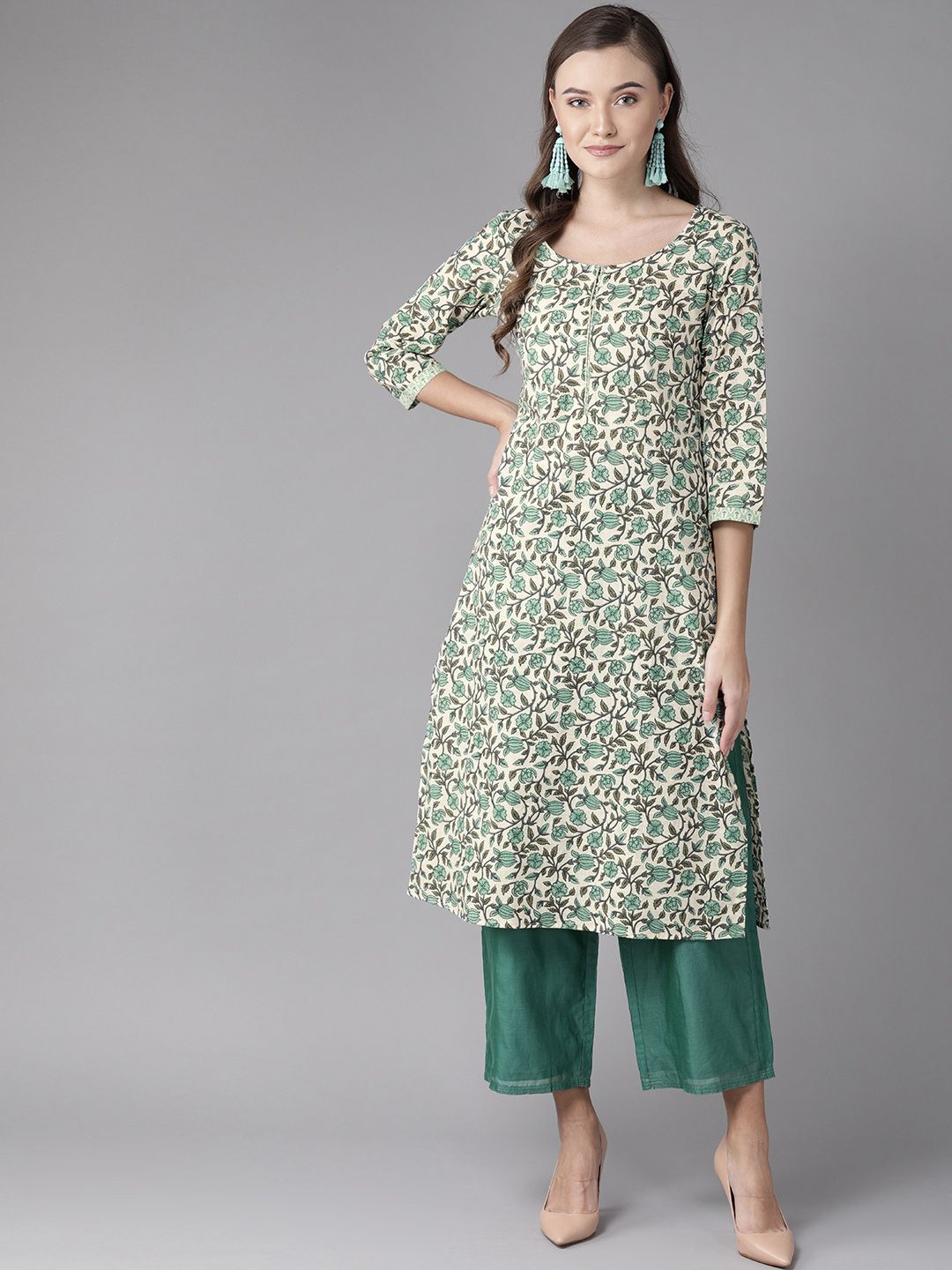 anayna Women Off-White & Green Printed Straight Kurta Price in India