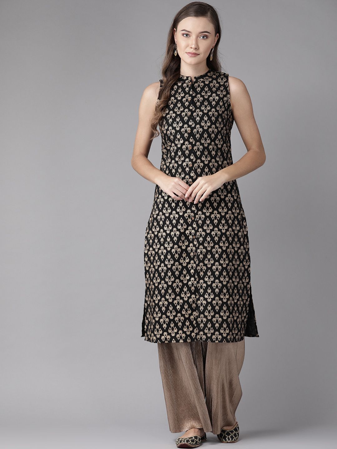 anayna Women Black & Golden Printed Straight Kurta Price in India