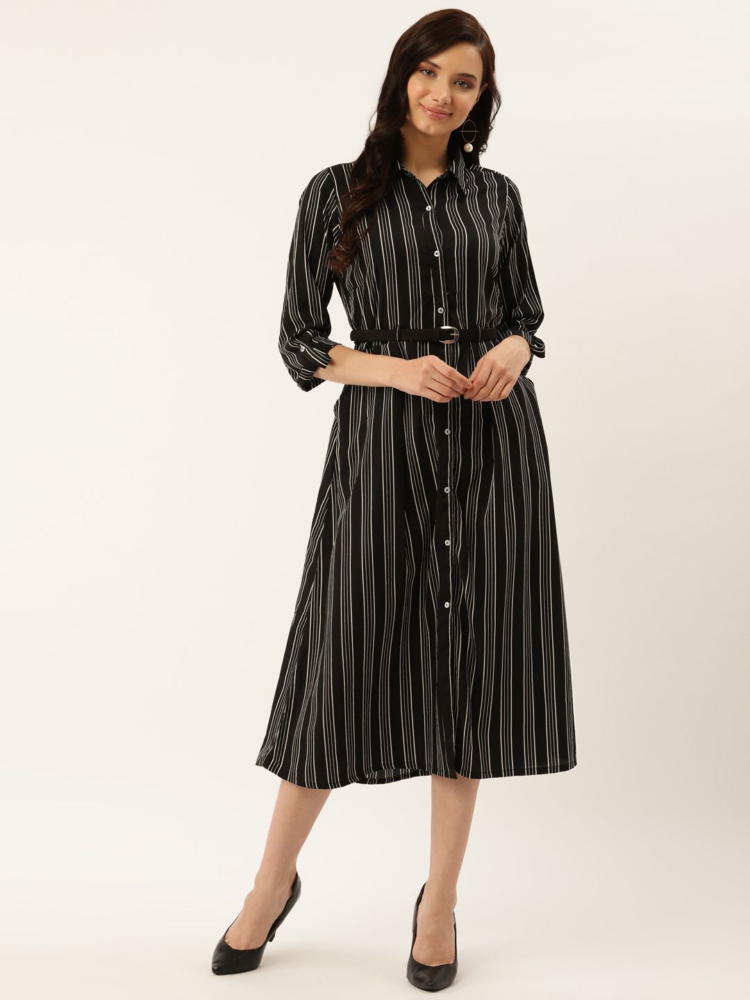 plusS Women Black & White Striped Shirt Dress Price in India