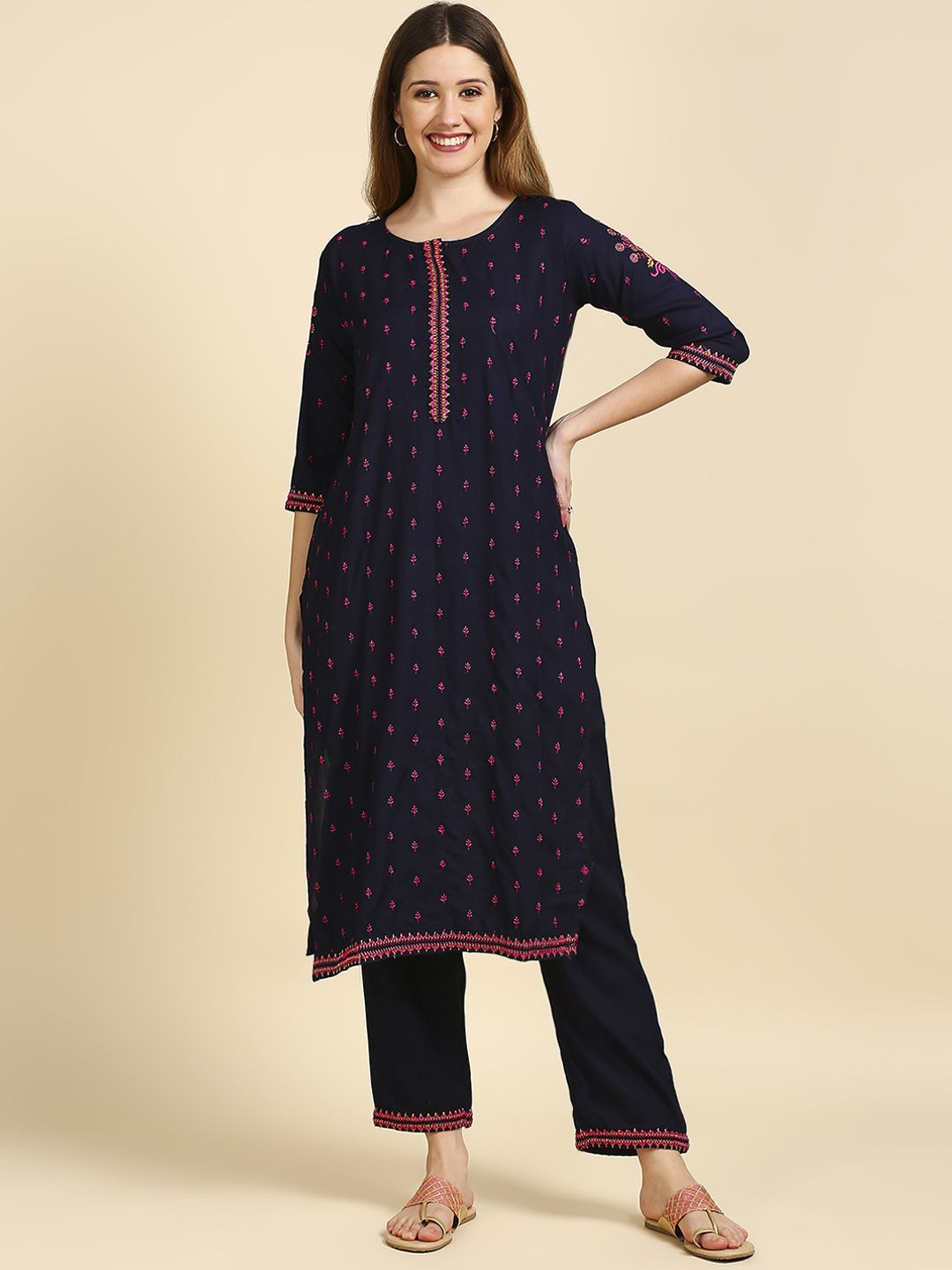 Anubhutee Women Navy Blue & Pink Embroidered Kurta with Palazzos Price in India