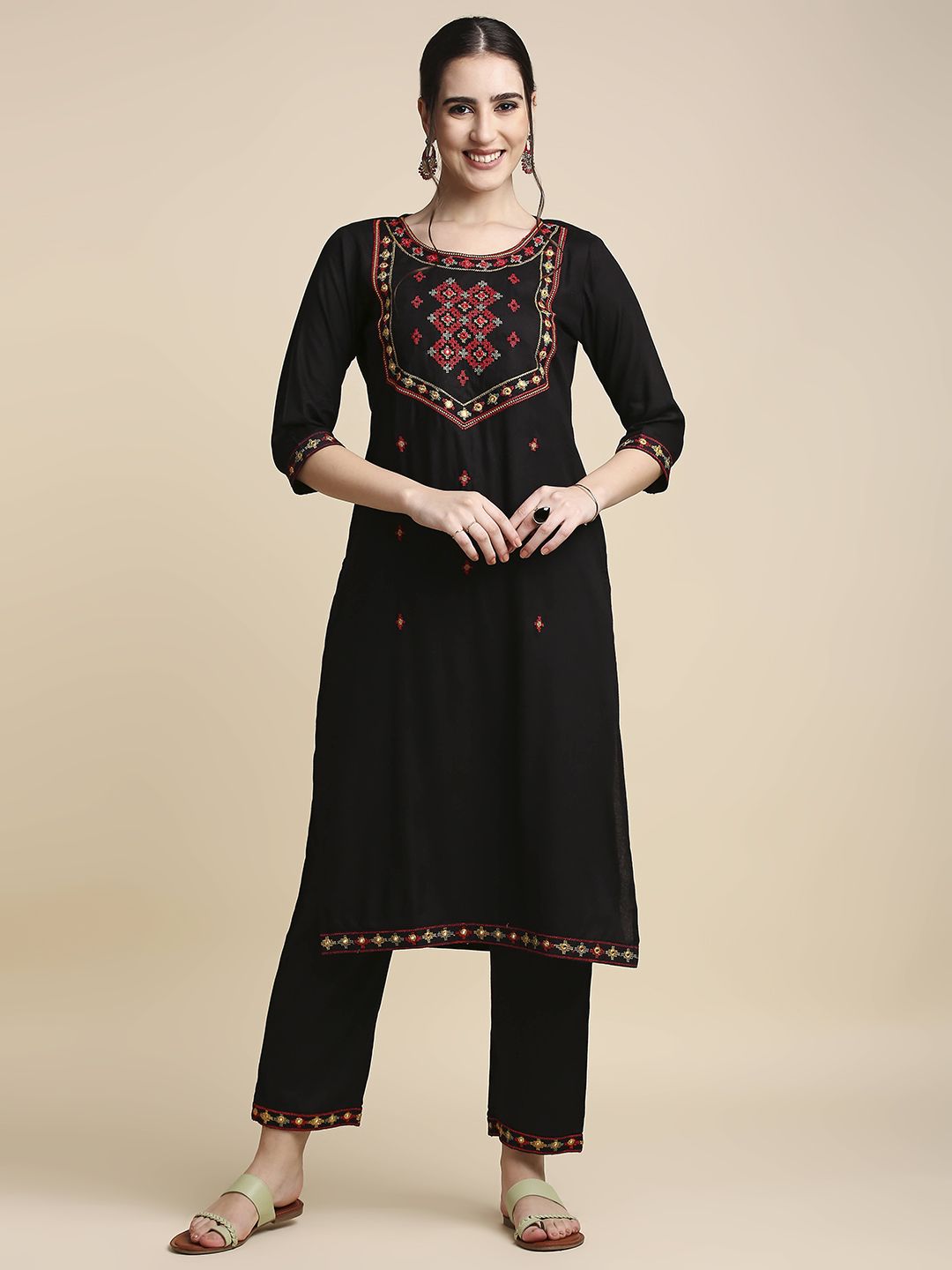 Anubhutee Women Black & Red Embroidered Kurta with Trousers Price in India