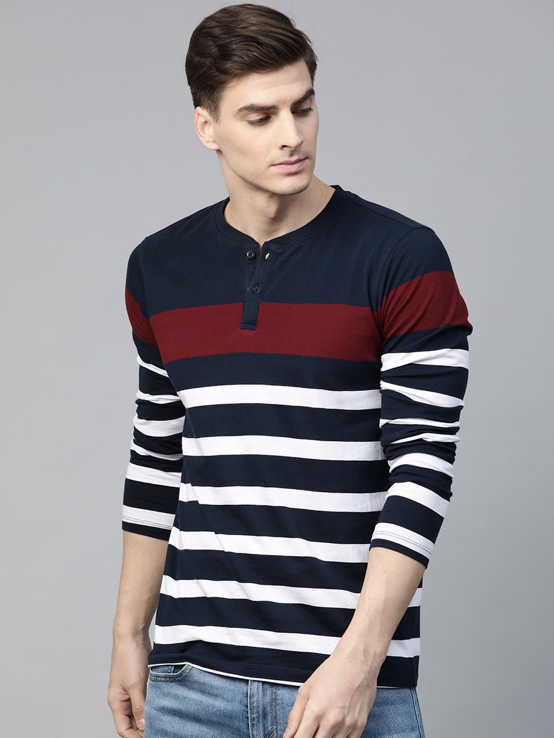 Roadster Men Navy Blue & White Striped Henley Neck T-shirt