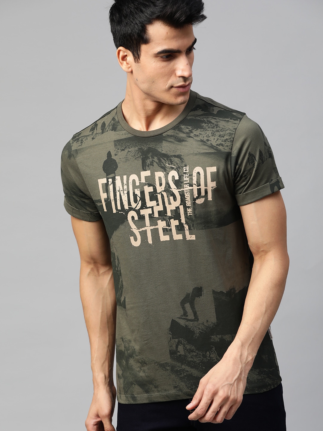 Roadster Men Olive Green  Beige Printed Round Neck Pure Cotton T-shirt