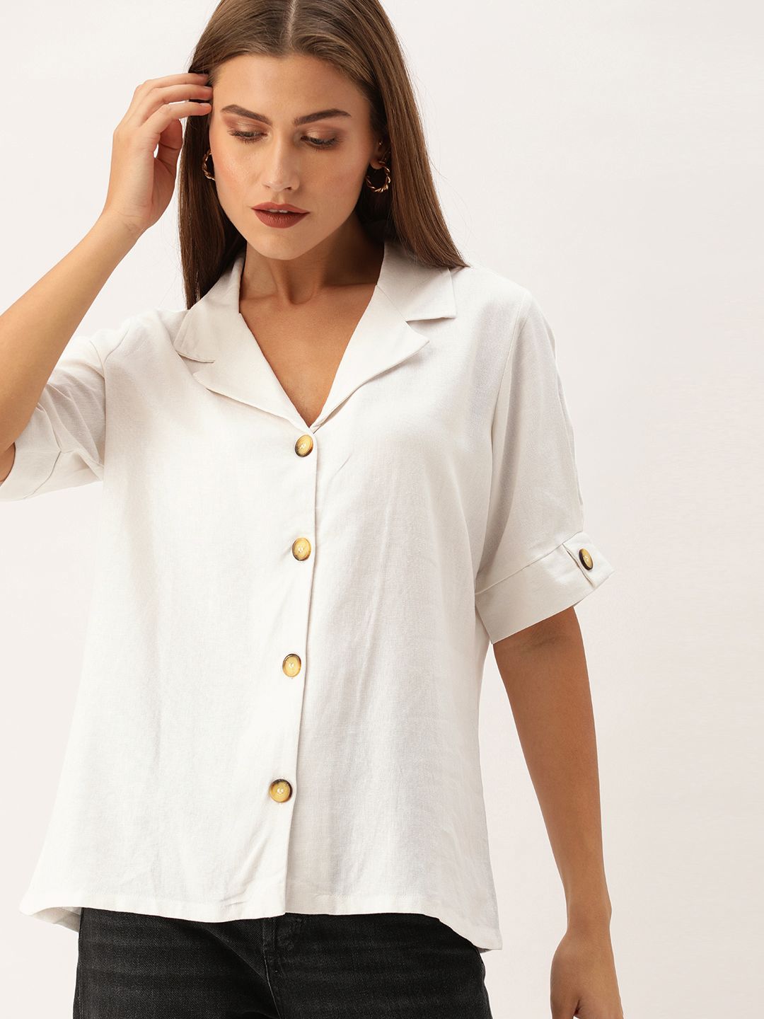 AND Women White Solid Regular Fit Casual Shirt