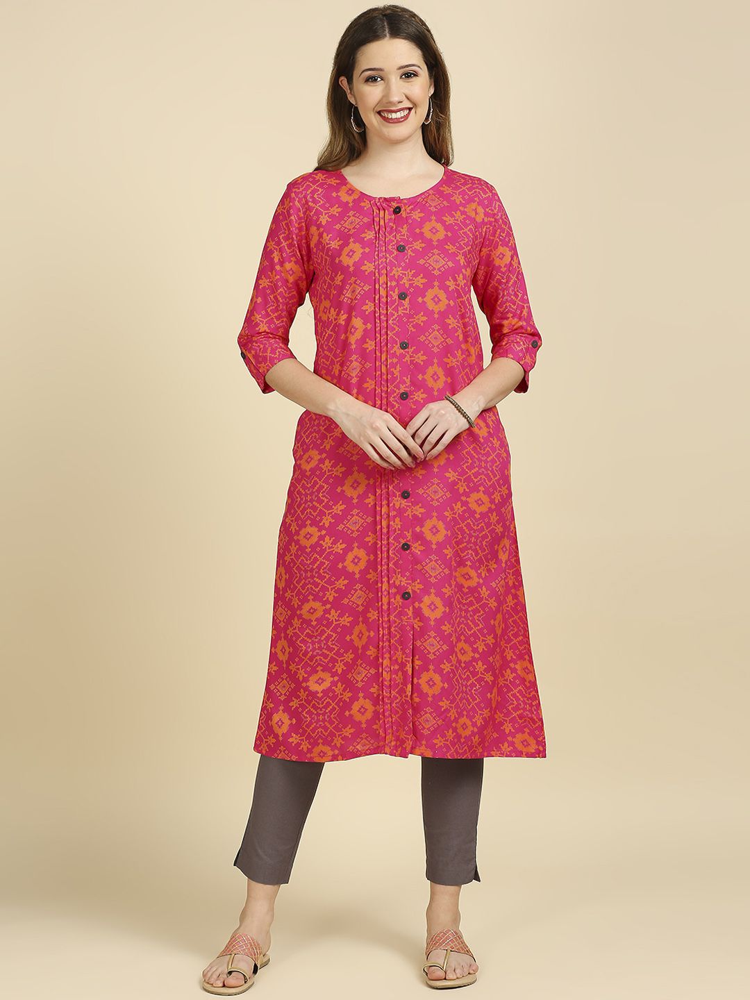 Anubhutee Women Pink & Orange Screen Print A-Line Kurta Price in India