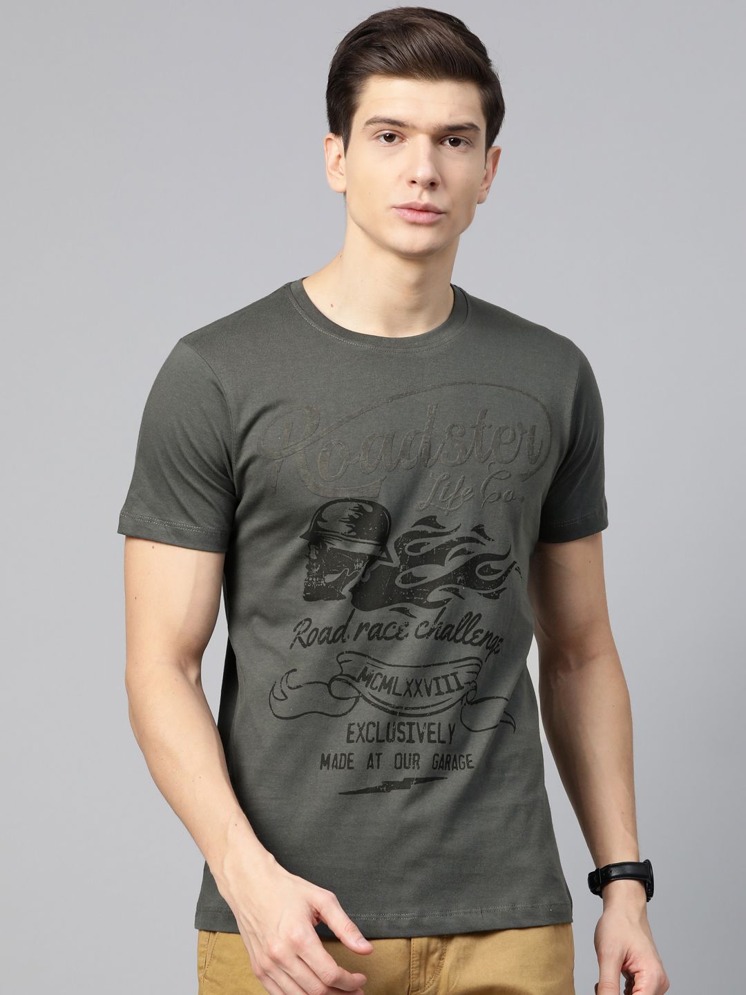 Roadster Men Charcoal Grey Printed Round Neck T-shirt