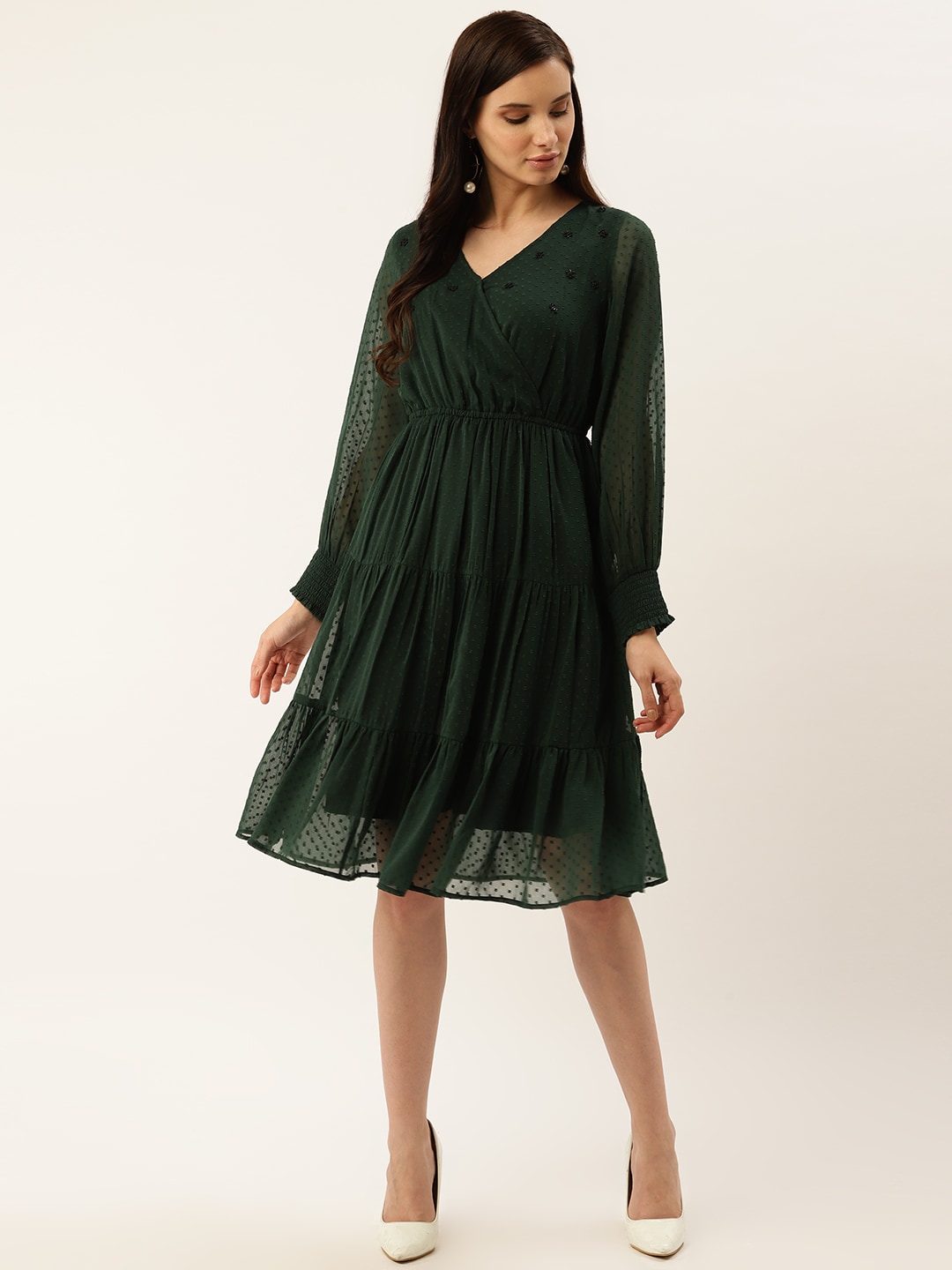 Antheaa Women Green Dobby Weave Tiered Wrap Dress Price in India