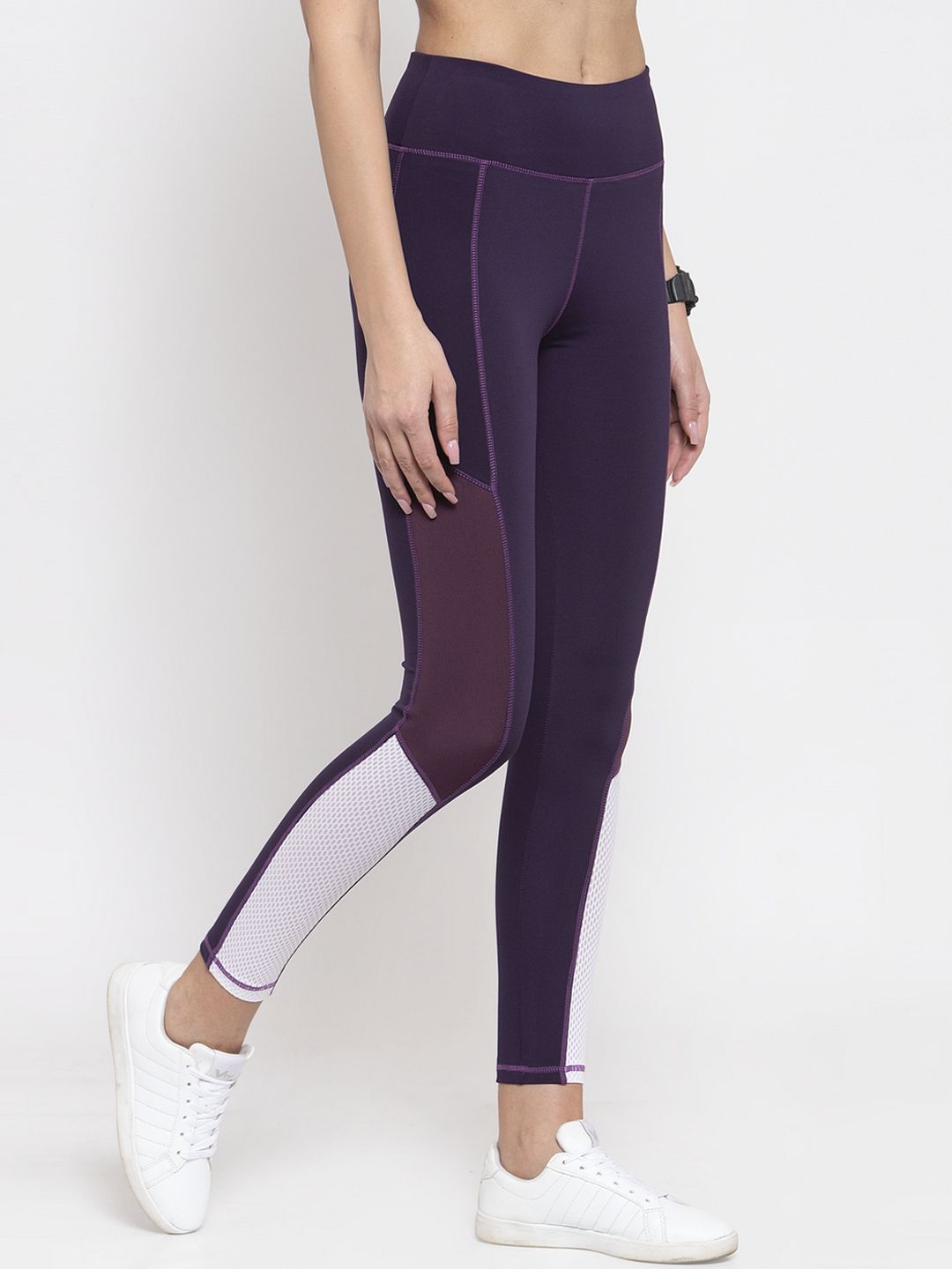 Boston Club Women Purple & White Colourblocked Skinny-Fit Tights Price in India