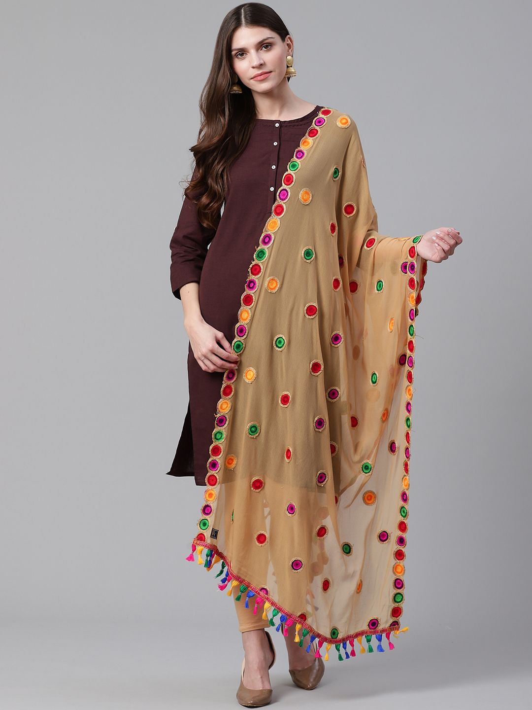 WEAVERS VILLA Beige & Red Embroidered Dupatta Price in India