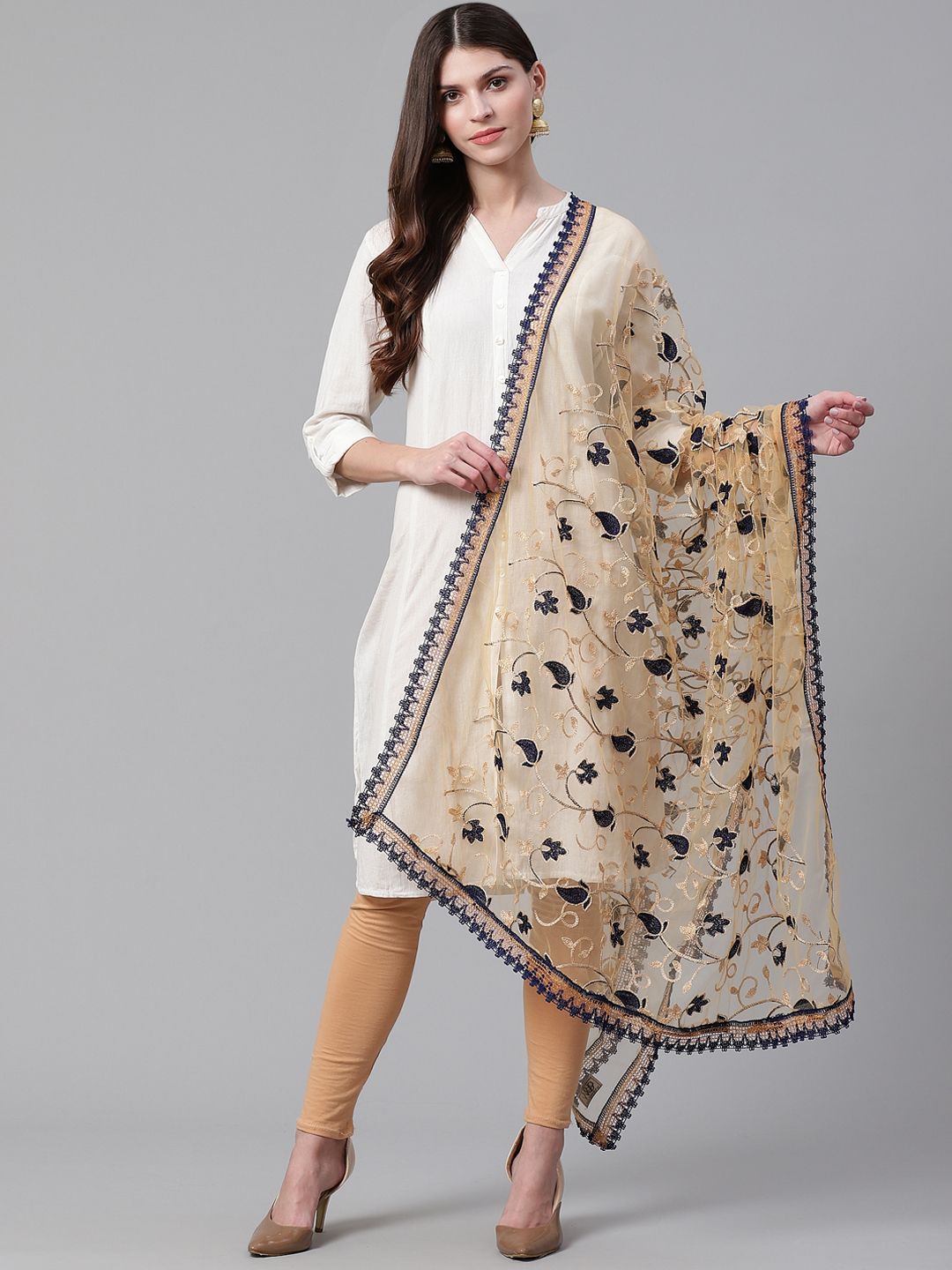 WEAVERS VILLA Beige & Navy Blue Embroidered Dupatta Price in India