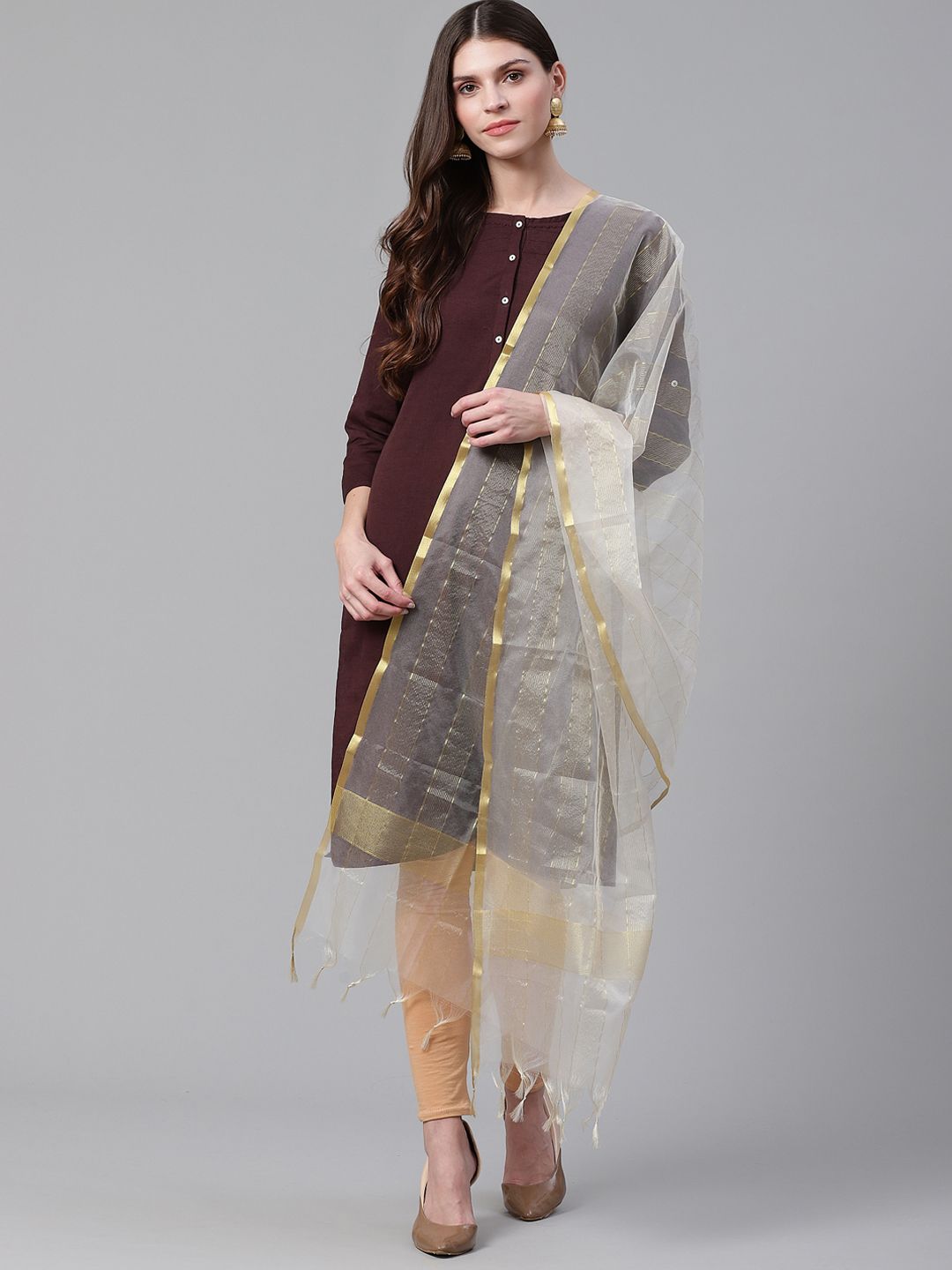 WEAVERS VILLA White & Golden Striped Dupatta