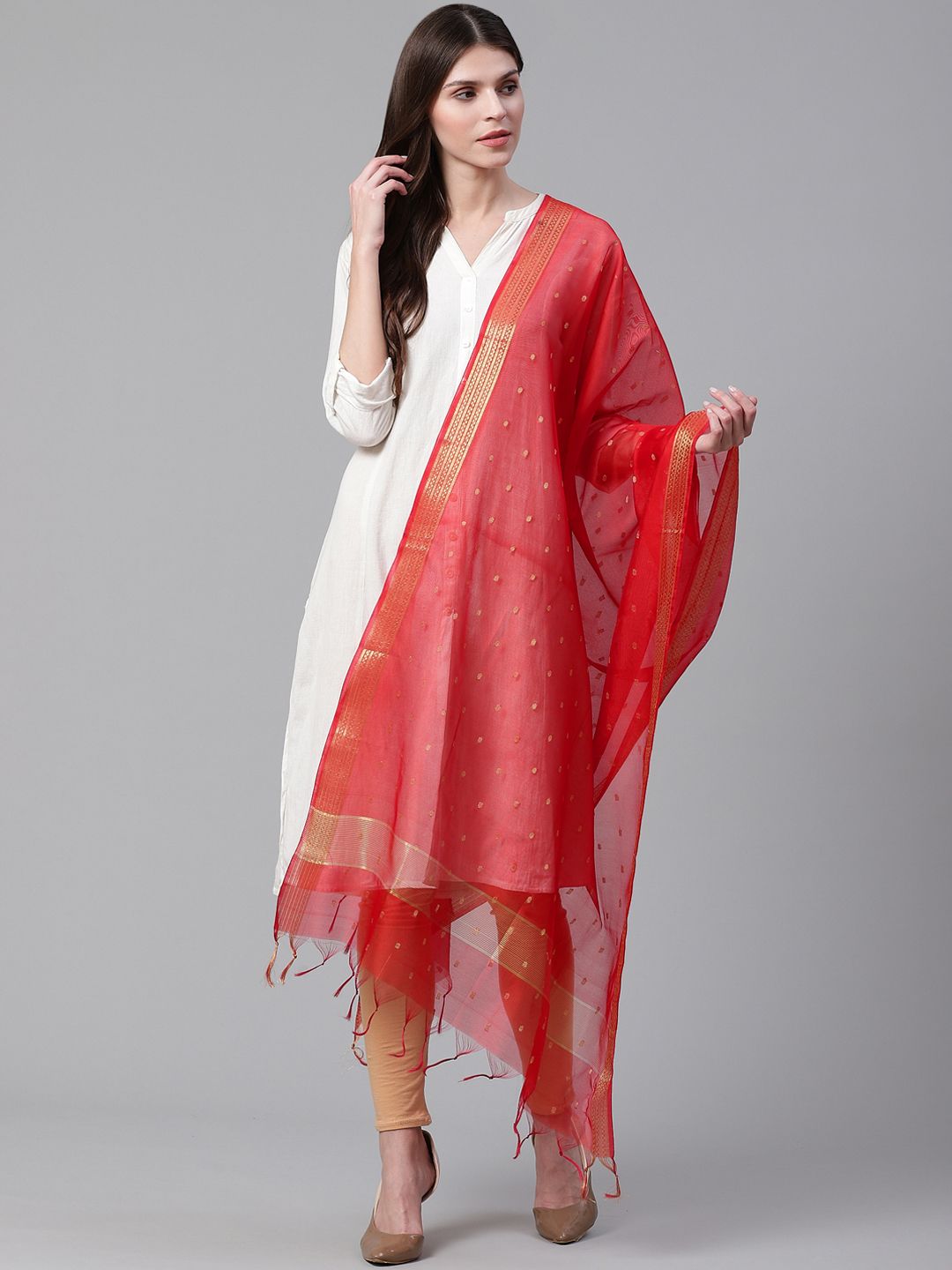 WEAVERS VILLA Red & Golden Woven Design Dupatta Price in India