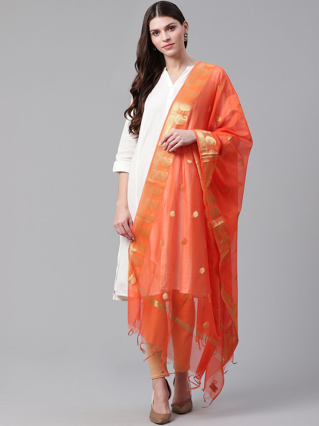 WEAVERS VILLA Orange & Golden Woven Design Dupatta Price in India